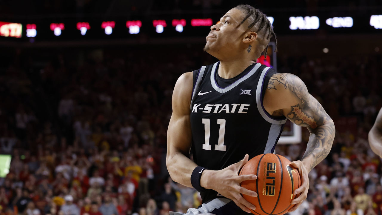 AMES, IA - JANUARY 24: Keyontae Johnson #11 of the Kansas State Wildcats takes a shot in the second half of play at Hilton Coliseum on January 24, 2023 in Ames, Iowa. The Iowa State Cyclones won 80-76 over Kansas State Wildcats.