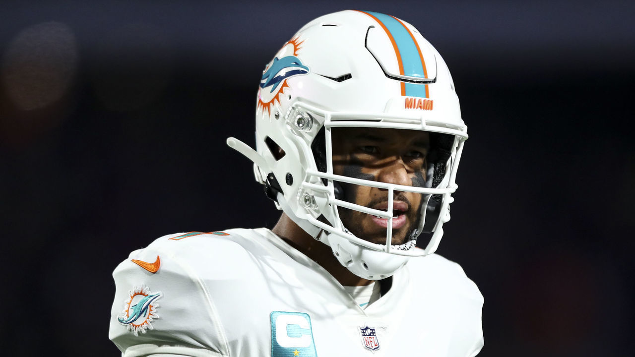 ORCHARD PARK, NY - DECEMBER 17: Tua Tagovailoa #1 of the Miami Dolphins reacts after a play during an NFL football game against the Buffalo Bills at Highmark Stadium on December 17, 2022 in Orchard Park, New York.