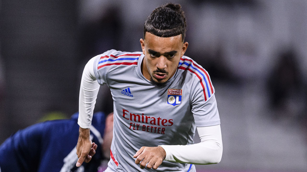 LYON, FRANCE - OCTOBER 30: Malo Gusto of Lyon warming up during the Ligue 1 match between Olympique Lyonnais and LOSC Lille at Groupama Stadium on October 30, 2022 in Lyon, France.