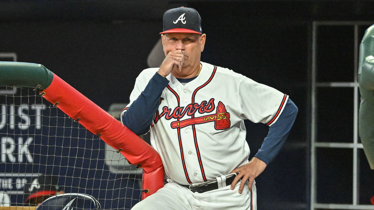 ATLANTA, GA OCTOBER 01: Atlanta manager Brian Snitker (43) watches the action during the MLB game between the New York Mets and the Atlanta Braves on October 1st, 2022 at Truist Park in Atlanta, GA.