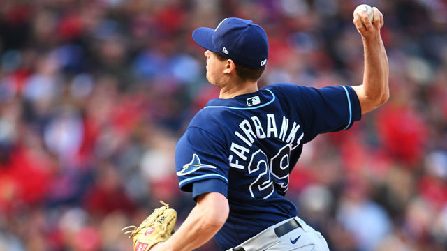 CLEVELAND, OH - OCTOBER 08: Pete Fairbanks #29 of the Tampa Bay Rays pitches in the sixth inning during the Wild Card Series game between the Tampa Bay Rays and the Cleveland Guardians at Progressive Field on Saturday, October 8, 2022 in Cleveland, Ohio.