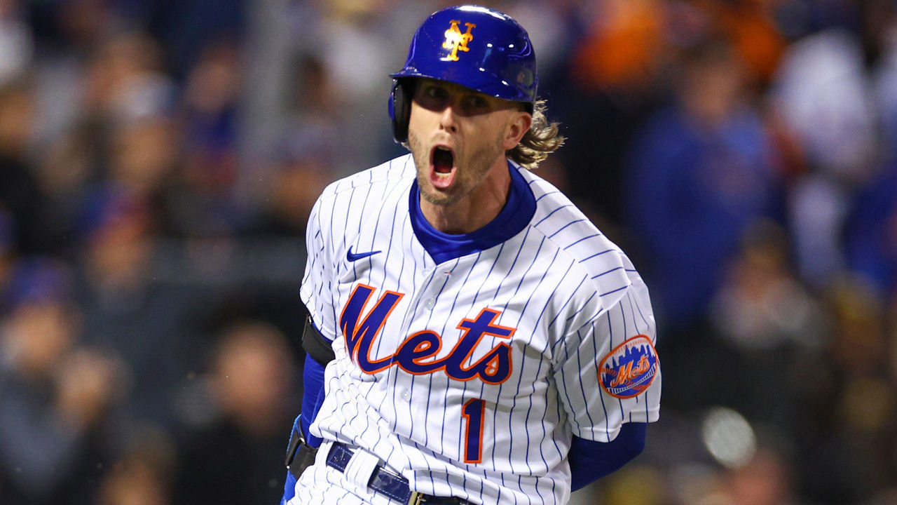 NEW YORK, NEW YORK - OCTOBER 08: Jeff McNeil #1 of the New York Mets hits a two run double during the seventh inning against the San Diego Padres in game two of the Wild Card Series at Citi Field on October 08, 2022 in New York City.