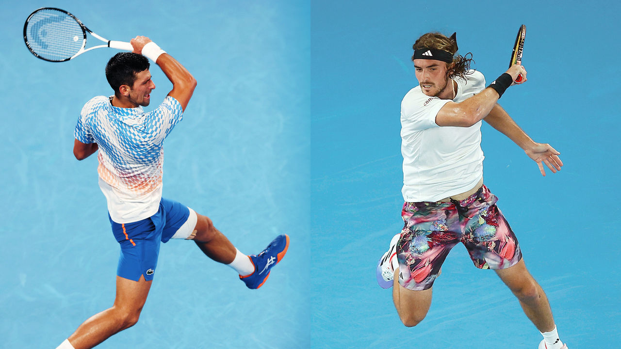 FILE PHOTO (EDITORS NOTE: COMPOSITE OF IMAGES - Image numbers 1459946067, 1458447686 - GRADIENT ADDED) In this composite image a comparison has been made between Novak Djokovic (L) and Stefanos Tsitsipas. They will meet in the Australian Open Men’s Final on January 29,2023 at Melbourne Park in Melbourne, Australia. ***LEFT IMAGE*** MELBOURNE, AUSTRALIA - JANUARY 27: Novak Djokovic of Serbia plays a forehand in the Semifinal singles match against Tommy Paul of the United States during day 12 of the 2023 Australian Open at Melbourne Park on January 27, 2023 in Melbourne, Australia.