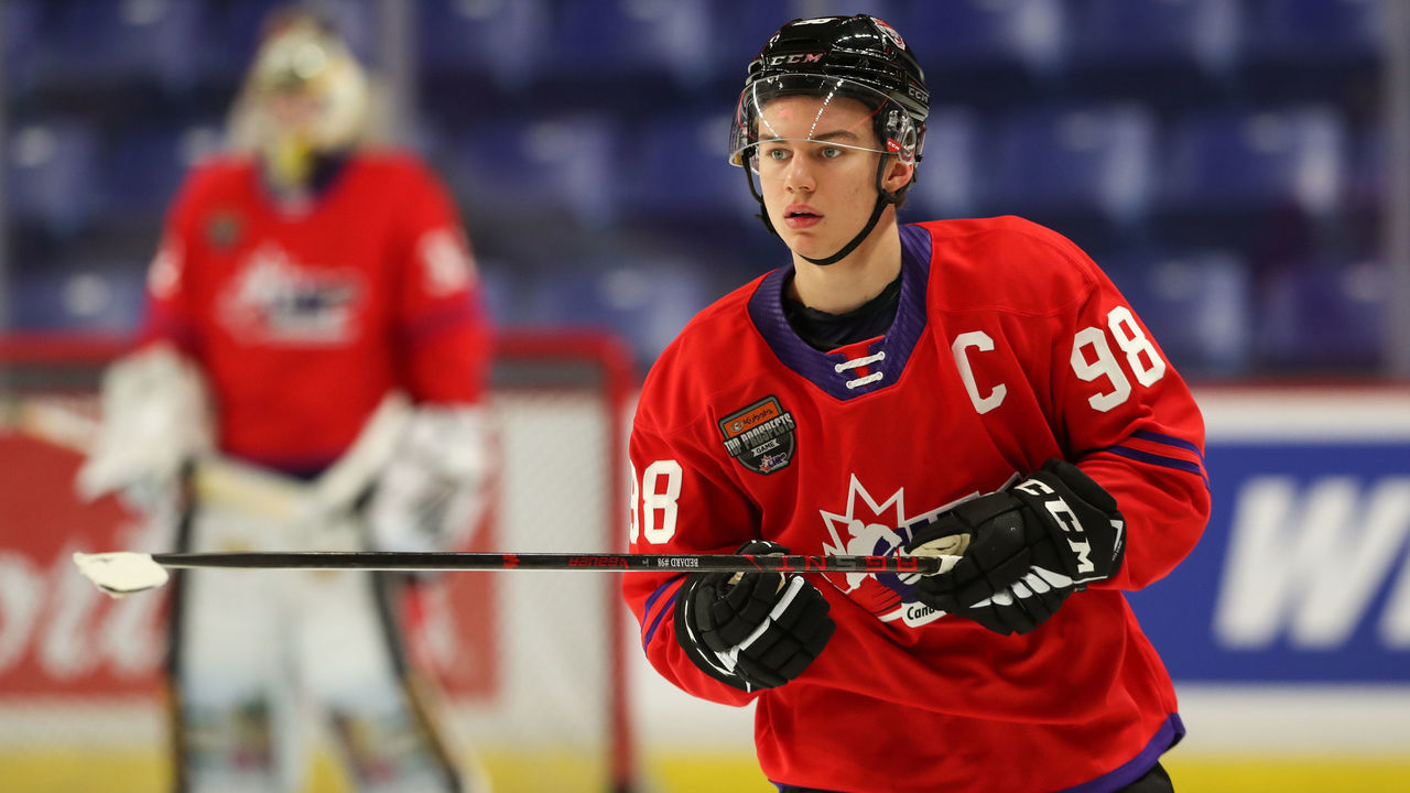 LANGLEY, BRITISH COLUMBIA - JANUARY 25: Forward Connor Bedard #98 of the Regina Pats skates for Team Red during the 2023 Kubota CHL Top Prospects Game Practice at the Langley Events Centre on January 25, 2023 in Langley, British Columbia.