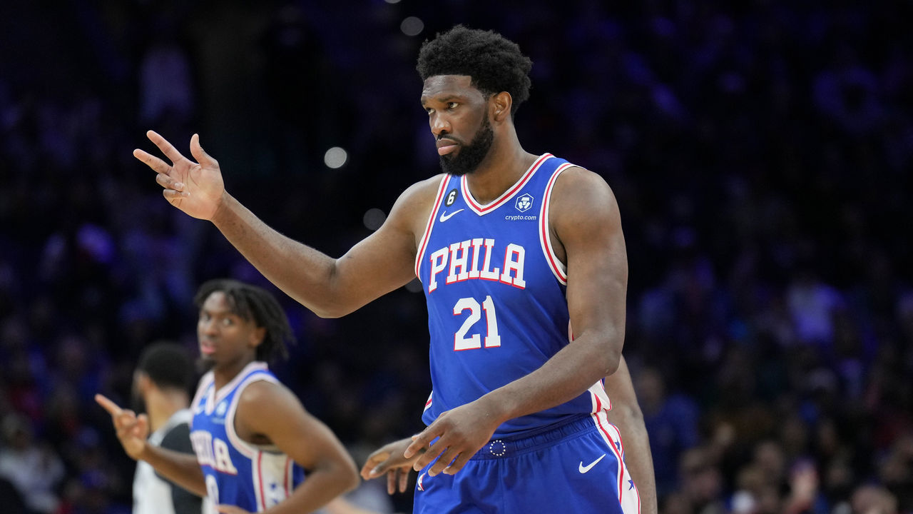 PHILADELPHIA, PA - JANUARY 25: Joel Embiid #21 of the Philadelphia 76ers looks on during the game against the Brooklyn Nets on January 25, 2023 at the Wells Fargo Center in Philadelphia, Pennsylvania NOTE TO USER: User expressly acknowledges and agrees that, by downloading and/or using this Photograph, user is consenting to the terms and conditions of the Getty Images License Agreement. Mandatory Copyright Notice: Copyright 2023 NBAE