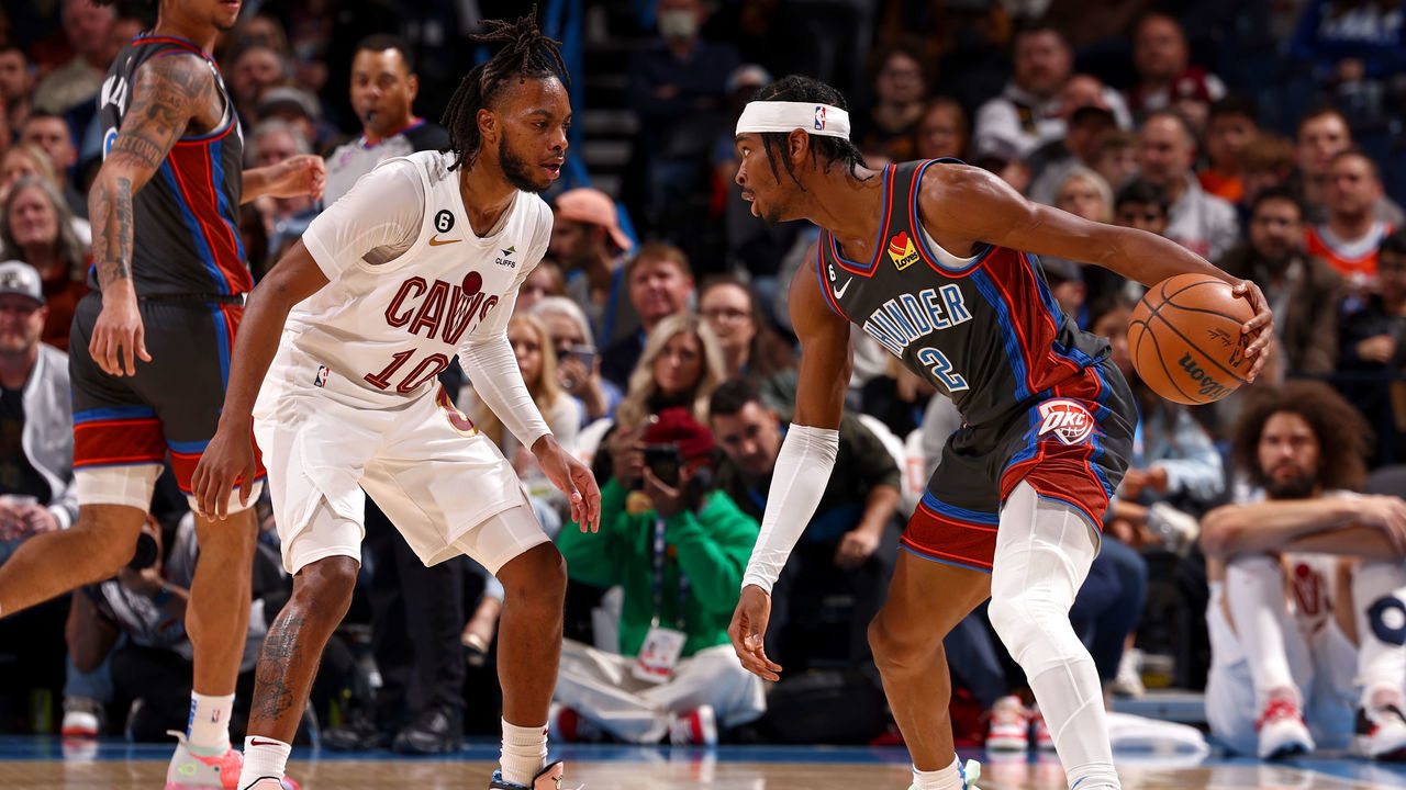 OKLAHOMA CITY, OK - JANUARY 27: Shai Gilgeous-Alexander #2 of the Oklahoma City Thunder dribbles the ball during the game against the Cleveland Cavaliers on January 27, 2023 at Paycom Arena in Oklahoma City, Oklahoma. Mandatory Copyright Notice: Copyright 2023 NBAE