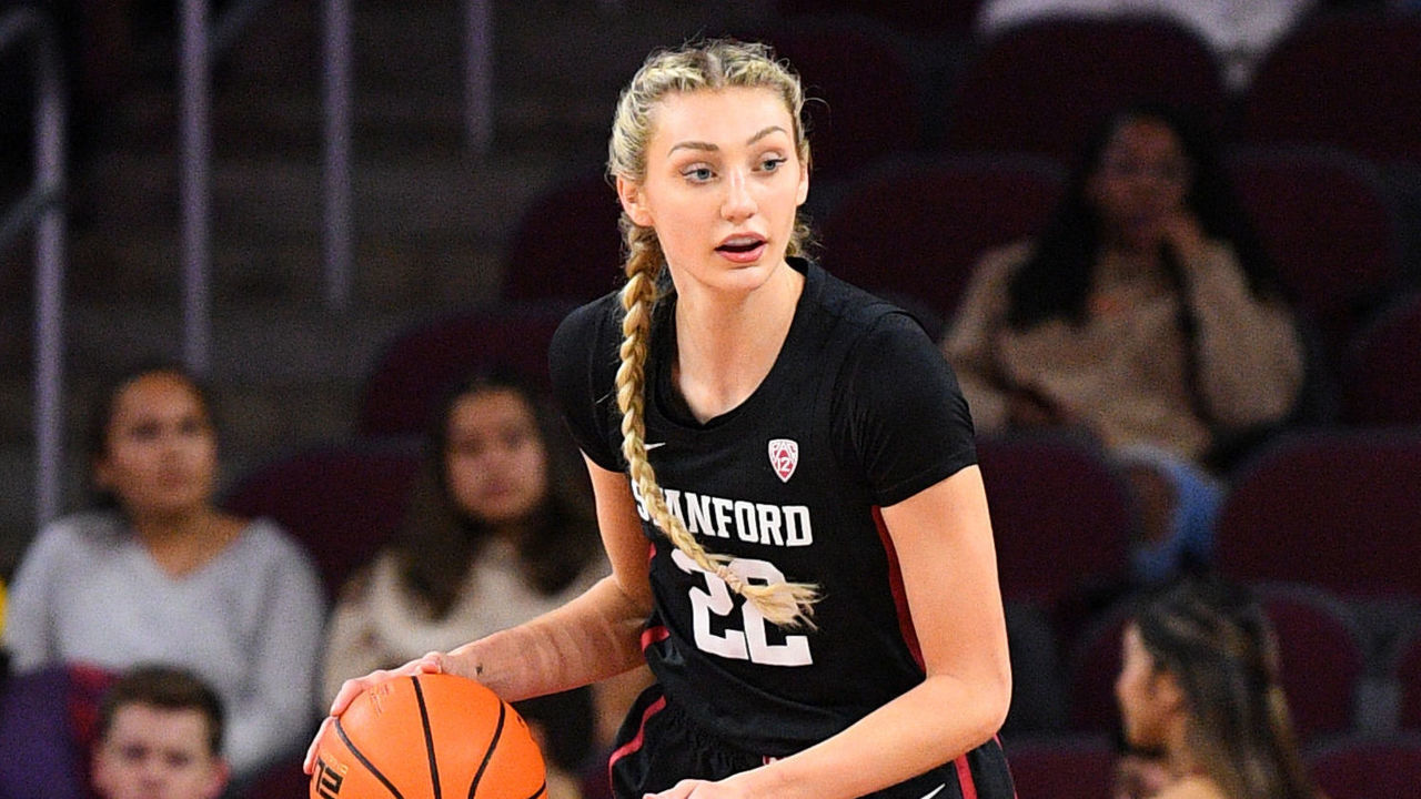 LOS ANGELES, CA - JANUARY 15: Stanford Cardinal forward Cameron Brink (22) dribbles up the court during the women's college basketball game between the Stanford Cardinal and the USC Trojans on January 15, 2023 at Galen Center in Los Angeles, CA.