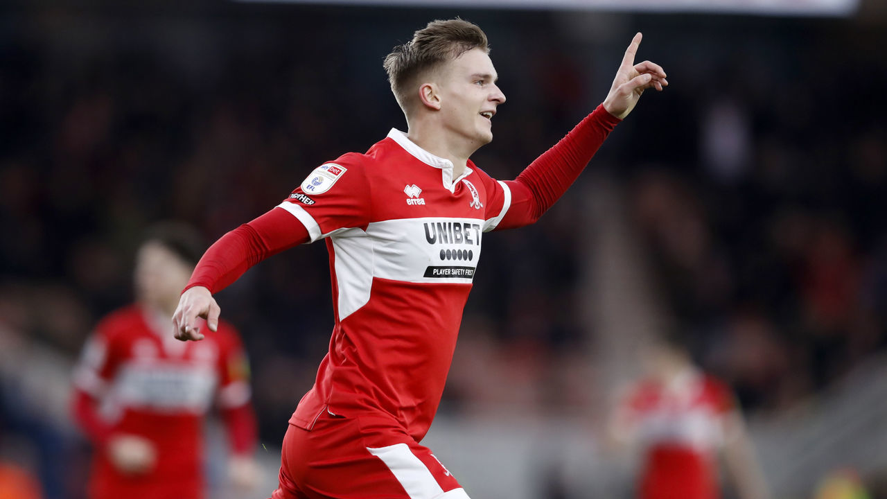 Middlesborughs Marcus Forss celebrates after scoring their sides second goal during the Sky Bet Championship match at the Riverside Stadium, Middlesbrough. Picture date: Saturday January 28, 2023.