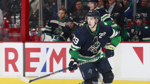 VANCOUVER, CANADA - DECEMBER 27: Lane Pederson of the Vancouver Canucks skates up ice during their NHL game against the San Jose Sharks at Rogers Arena December 27, 2022 in Vancouver, British Columbia, Canada.