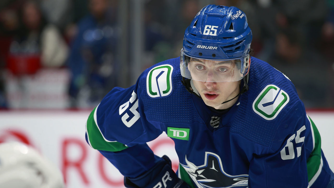 VANCOUVER, CANADA - JANUARY 5: Ilya Mikheyev #65 of the Vancouver Canucks waits for a face-off during their NHL game against the Colorado Avalanche at Rogers Arena January 5, 2023 in Vancouver, British Columbia, Canada.