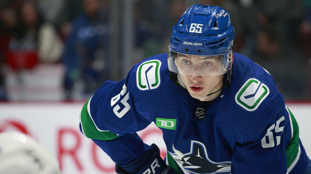 VANCOUVER, CANADA - JANUARY 5: Ilya Mikheyev #65 of the Vancouver Canucks waits for a face-off during their NHL game against the Colorado Avalanche at Rogers Arena January 5, 2023 in Vancouver, British Columbia, Canada.