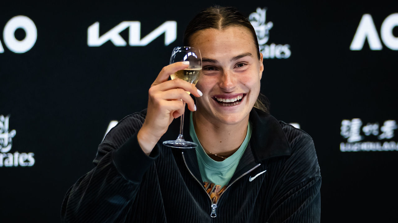 MELBOURNE, AUSTRALIA - JANUARY 28: Aryna Sabalenka of Belarus talks to the media after defeating Elena Rybakina of Kazakhstan in the womens singles final on Day 13 of the 2023 Australian Open at Melbourne Park on January 28, 2023 in Melbourne, Australia
