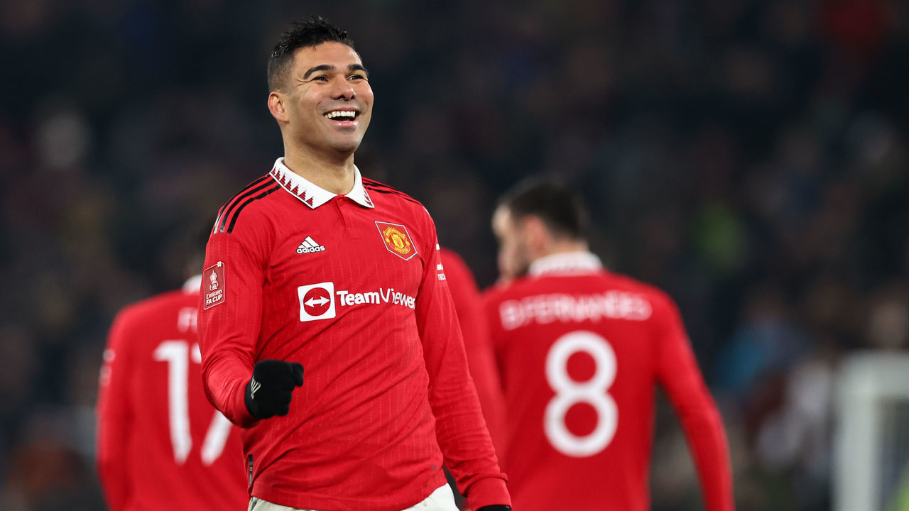 MANCHESTER, ENGLAND - JANUARY 28: Casemiro of Manchester United celebrates after scoring a goal to make it 2-0 during the Emirates FA Cup Fourth Round match between Manchester United and Reading at Old Trafford on January 28, 2023 in Manchester, England.