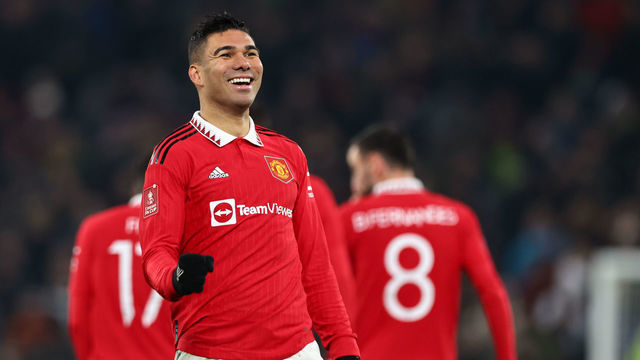 MANCHESTER, ENGLAND - JANUARY 28: Casemiro of Manchester United celebrates after scoring a goal to make it 2-0 during the Emirates FA Cup Fourth Round match between Manchester United and Reading at Old Trafford on January 28, 2023 in Manchester, England.