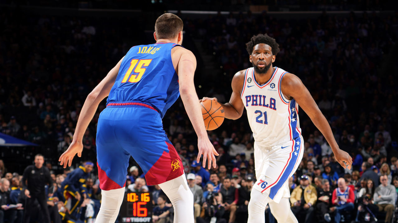PHILADELPHIA, PA - JANUARY 28: Joel Embiid #21 of the Philadelphia 76ers dribbles the ball during the game against the Denver Nuggets on January 28, 2023 at the Wells Fargo Center in Philadelphia, Pennsylvania NOTE TO USER: User expressly acknowledges and agrees that, by downloading and/or using this Photograph, user is consenting to the terms and conditions of the Getty Images License Agreement. Mandatory Copyright Notice: Copyright 2023 NBAE