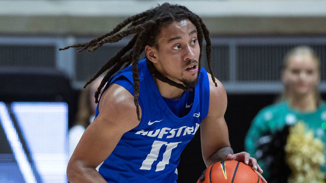 WEST LAFAYETTE, IN - DECEMBER 07: Jaquan Carlos #11 of the Hofstra Pride brings the ball up court during the game against the Purdue Boilermakers at Mackey Arena on December 7, 2022 in West Lafayette, Indiana.