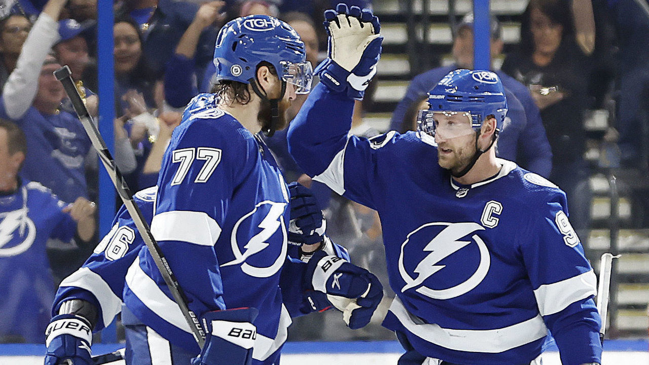 TAMPA, FLORIDA - JANUARY 28: Victor Hedman #77 of the Tampa Bay Lightning celebrates a goal in the third period during a game against the Los Angeles Kings at Amalie Arena on January 28, 2023 in Tampa, Florida.