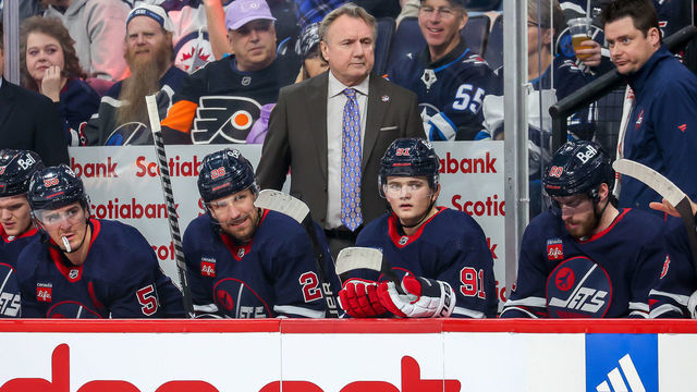 WINNIPEG, CANADA - JANUARY 28: Head Coach Rick Bowness of the Winnipeg Jets looks on from the bench during first period action against the Philadelphia Flyers at the Canada Life Centre on January 28, 2023 in Winnipeg, Manitoba, Canada.
