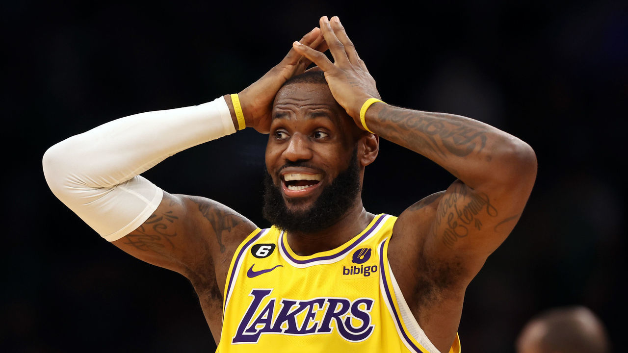 BOSTON, MASSACHUSETTS - JANUARY 28: LeBron James #6 of the Los Angeles Lakers reacts during the fourth quarter against the Boston Celtics at TD Garden on January 28, 2023 in Boston, Massachusetts. The Celtics defeat the Lakers in overtime 125-121.