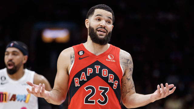 TORONTO, ON - NOVEMBER 16: Fred VanVleet #23 of the Toronto Raptors reacts during the second half of their NBA game against the Miami Heat at Scotiabank Arena on November 16, 2022 in Toronto, Canada.