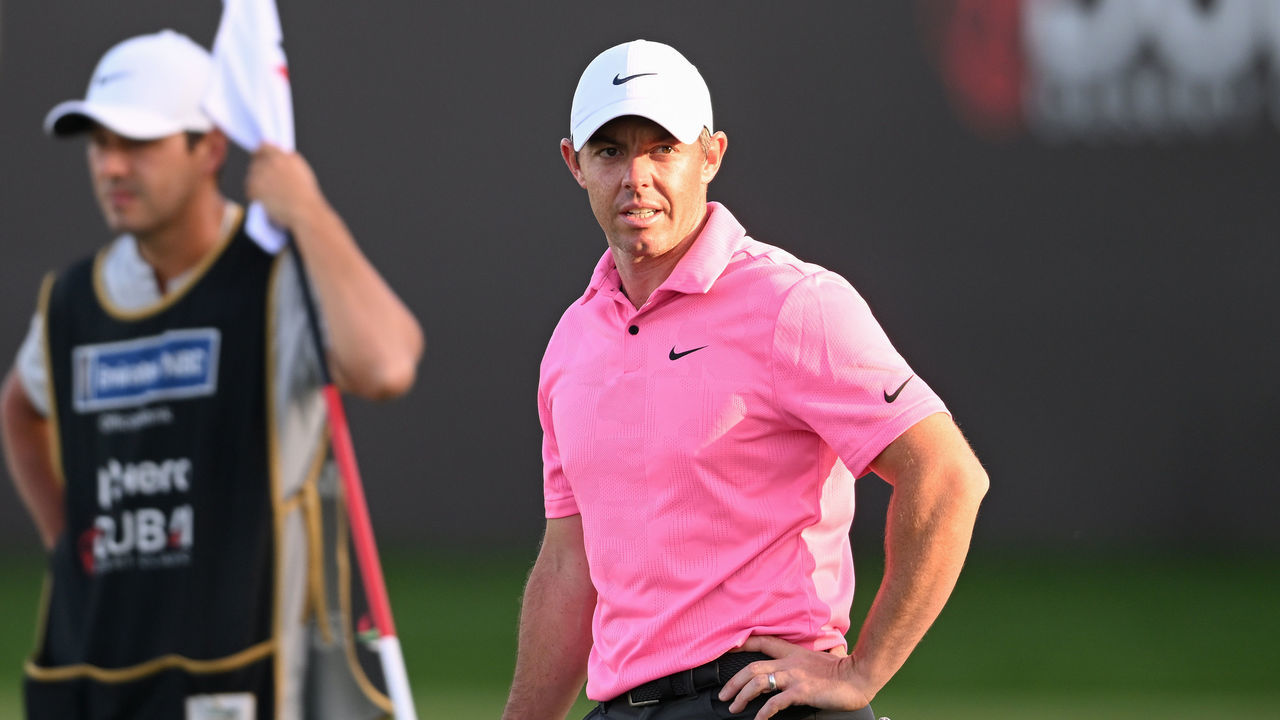 DUBAI, UNITED ARAB EMIRATES - JANUARY 29: Rory McIlroy of Northern Ireland looks across the 18th green during the Third Round on Day Four of the Hero Dubai Desert Classic at Emirates Golf Club on January 29, 2023 in Dubai, United Arab Emirates.