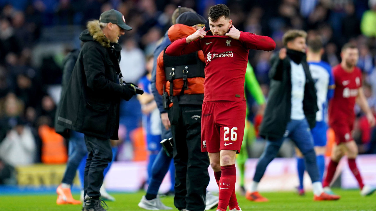 Liverpool's Andrew Robertson appears dejected at the end of the Emirates FA Cup fourth round match at the AMEX Stadium, Brighton. Picture date: Sunday January 29, 2023.