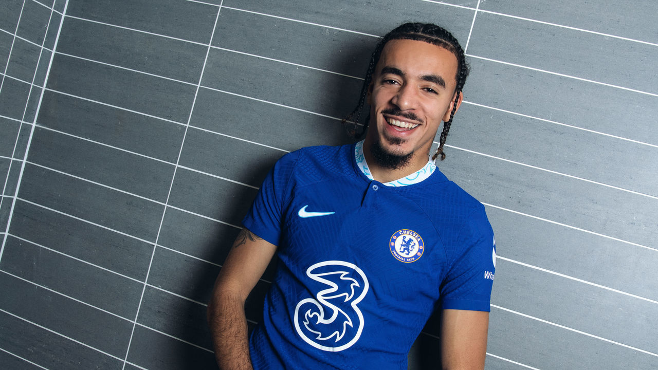 COBHAM, ENGLAND - JANUARY 27: Chelsea Unveil New Signing Malo Gusto at Chelsea Training Ground on January 27, 2023 in Cobham, England.