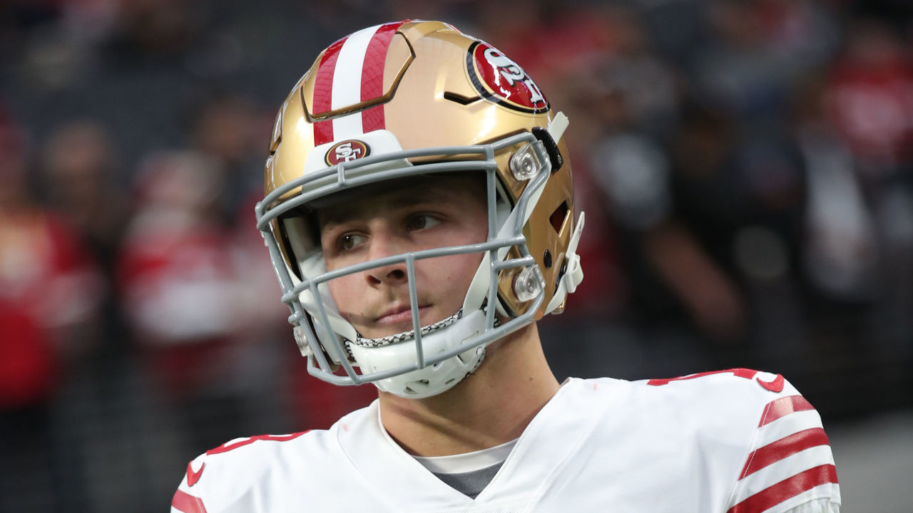 LAS VEGAS, NV - JANUARY 1: Brock Purdy #13 of the San Francisco 49ers on the field before the game against the Las Vegas Raiders at Allegiant Stadium on January 1, 2023 in Las Vegas, Nevada. The 49ers defeated the Raiders 37-34.