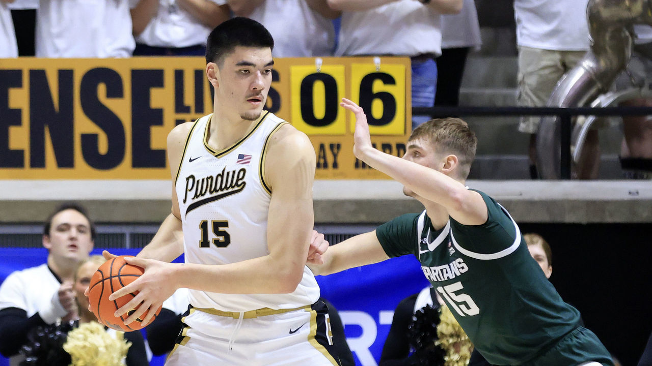 WEST LAFAYETTE, INDIANA - JANUARY 29: Zach Edey #15 of the Purdue Boilermakers makes a move on Carson Cooper #15 of the Michigan State Spartans during the first half at Mackey Arena on January 29, 2023 in West Lafayette, Indiana.