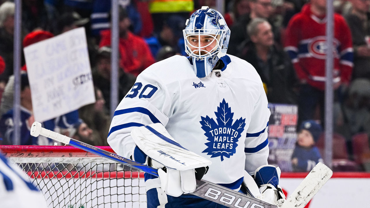 MONTREAL, QC - JANUARY 21: Look on Toronto Maple Leafs goalie Matt Murray (30) at warm-up before the Toronto Maple Leafs versus the Montreal Canadiens game on January 21, 2023, at Bell Centre in Montreal, QC