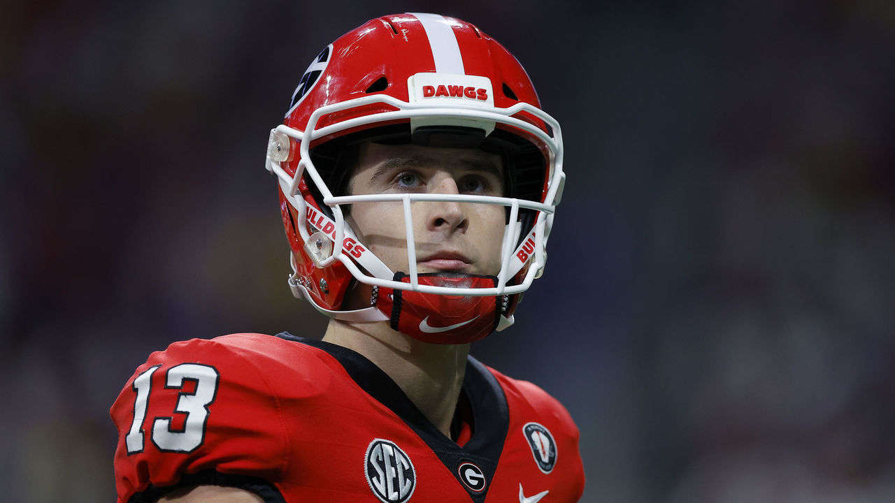 ATLANTA, GEORGIA - DECEMBER 03: Stetson Bennett #13 of the Georgia Bulldogs looks on against the LSU Tigers during the first quarter in the SEC Championship game at Mercedes-Benz Stadium on December 03, 2022 in Atlanta, Georgia.