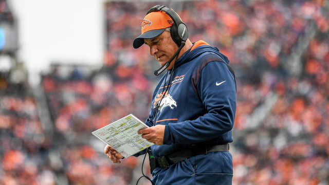 DENVER, CO - OCTOBER 31: Denver Broncos head coach Vic Fangio paces along the sideline during a game between the Denver Broncos and the Washington Football Team at Empower Field at Mile High on October 31, 2021 in Denver, Colorado.