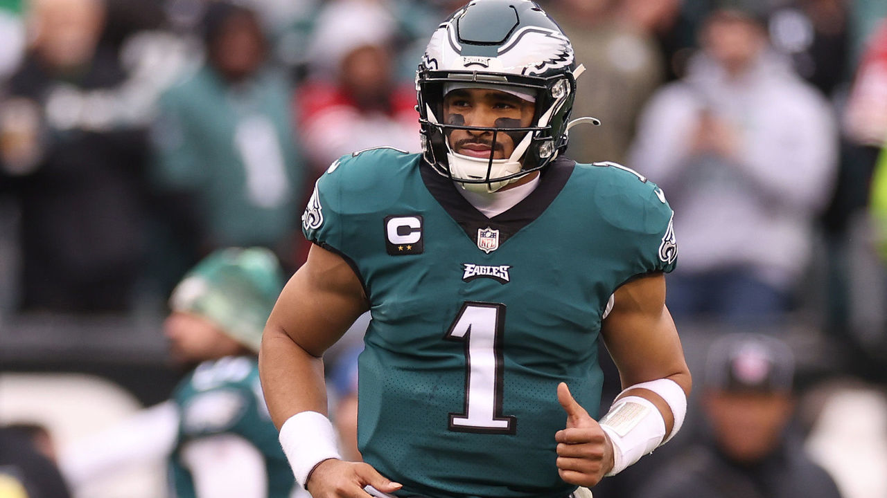 PHILADELPHIA, PENNSYLVANIA - JANUARY 29: Jalen Hurts #1 of the Philadelphia Eagles takes the field against the San Francisco 49ers during the first quarter in the NFC Championship Game at Lincoln Financial Field on January 29, 2023 in Philadelphia, Pennsylvania.