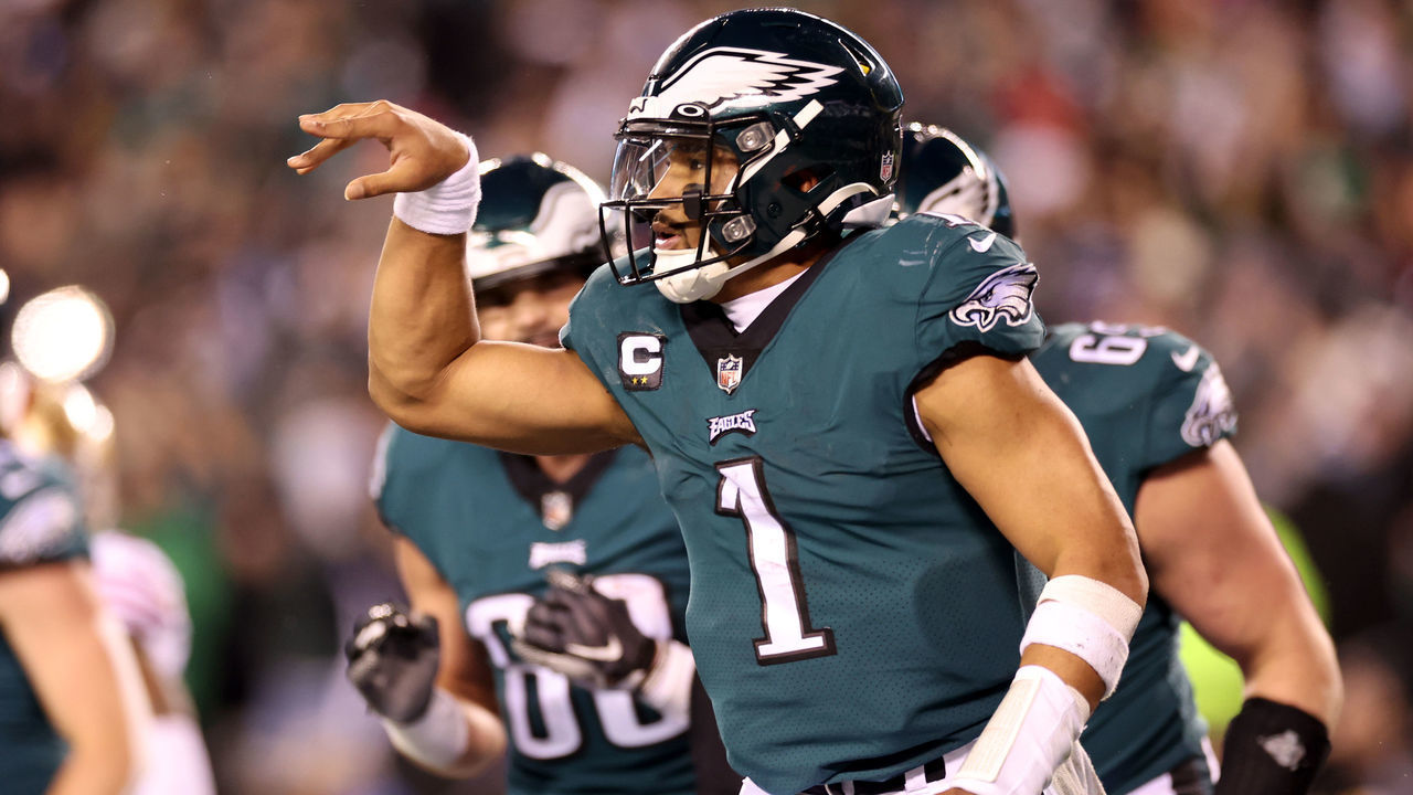 PHILADELPHIA, PENNSYLVANIA - JANUARY 29: Jalen Hurts #1 of the Philadelphia Eagles celebrates after scoring a touchdown against the San Francisco 49ers during the third quarter in the NFC Championship Game at Lincoln Financial Field on January 29, 2023 in Philadelphia, Pennsylvania.