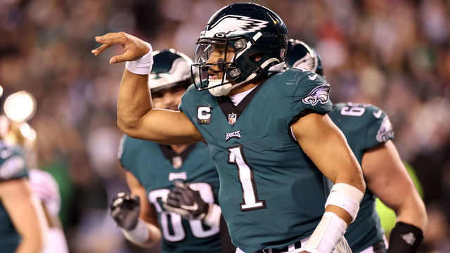 PHILADELPHIA, PENNSYLVANIA - JANUARY 29: Jalen Hurts #1 of the Philadelphia Eagles celebrates after scoring a touchdown against the San Francisco 49ers during the third quarter in the NFC Championship Game at Lincoln Financial Field on January 29, 2023 in Philadelphia, Pennsylvania.