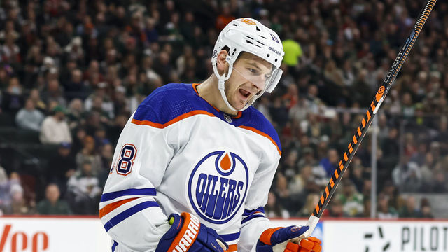 ST PAUL, MN - DECEMBER 12: Zach Hyman #18 of the Edmonton Oilers celebrates his power play goal against the Minnesota Wild in the first period of the game at Xcel Energy Center on December 12, 2022 in St Paul, Minnesota.