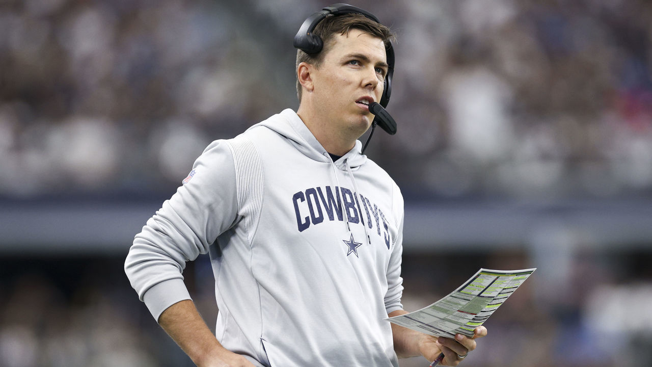 ARLINGTON, TEXAS - OCTOBER 23: Dallas Cowboys offensive coordinator Kellen Moore looks on against the Detroit Lions during the first half at AT&T Stadium on October 23, 2022 in Arlington, Texas.