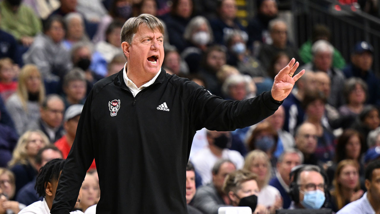 BRIDGEPORT, CT - MARCH 28: N.C. State Wolfpack head coach Wes Moore calls out a play to his team as they play the Connecticut Huskies during the Elite Eight round of the 2022 NCAA Womens Basketball Tournament held at Total Mortgage Arena at Harbor Yard on March 28, 2022 in Bridgeport, Connecticut.