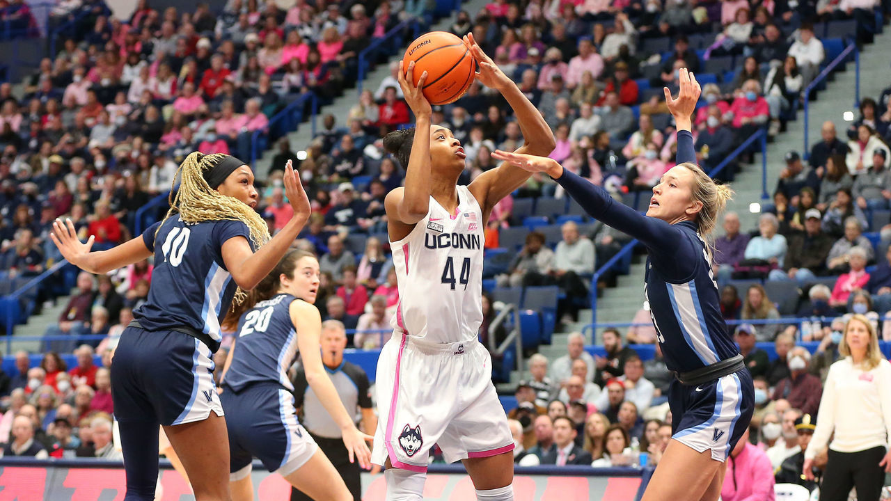 HARTFORD, CT - JANUARY 29: UConn Huskies forward Aubrey Griffin (44) in action during the women's college basketball game between Villanova Wildcats and UConn Huskies on January 29, 2023, at XL Center in Hartford, CT.