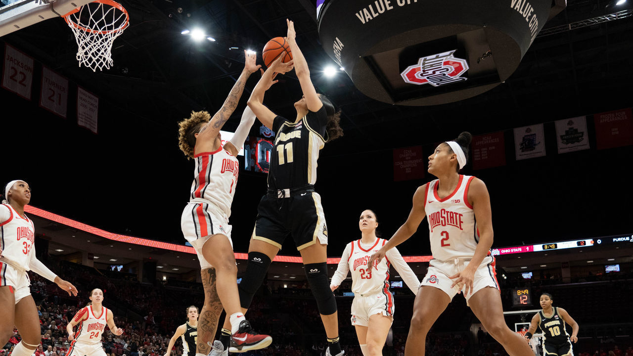 COLUMBUS, OH - JANUARY 29: Purdue Boilermakers guard Lasha Petree (11) shoots the ball while being guarded by Ohio State Buckeyes guard Rikki Harris (1) during the womens college basketball game between the Ohio State Buckeyes and the Purdue Boilermakers on January 29, 2023, at Value City Arena in Columbus, Ohio