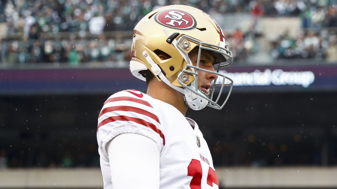 PHILADELPHIA, PA - JANUARY 29: Brock Purdy #13 of the San Francisco 49ers warms up prior to the NFC Championship NFL football game against the Philadelphia Eagles at Lincoln Financial Field on January 29, 2023 in Philadelphia, Pennsylvania.