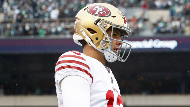 PHILADELPHIA, PA - JANUARY 29: Brock Purdy #13 of the San Francisco 49ers warms up prior to the NFC Championship NFL football game against the Philadelphia Eagles at Lincoln Financial Field on January 29, 2023 in Philadelphia, Pennsylvania.