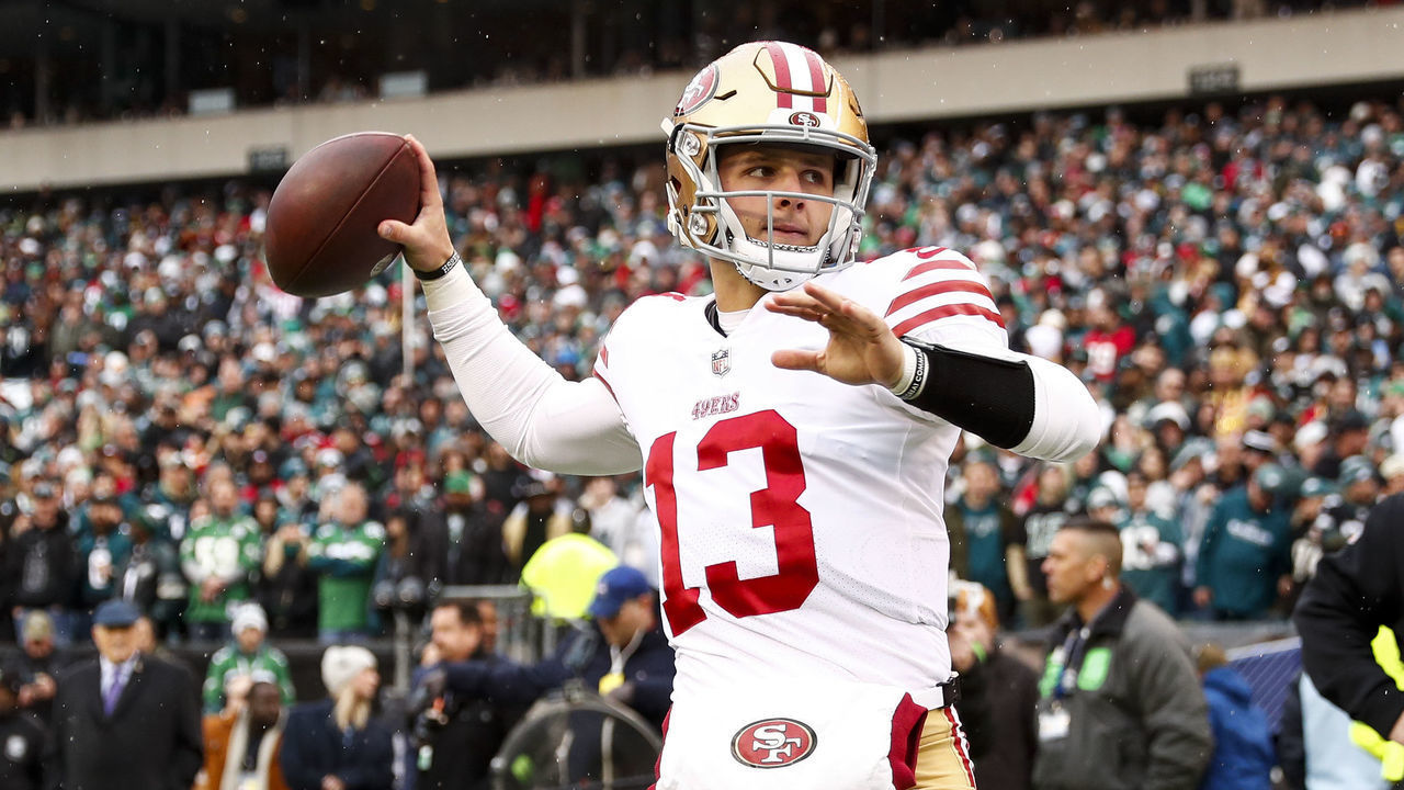 PHILADELPHIA, PA - JANUARY 29: Brock Purdy #13 of the San Francisco 49ers warms up prior to the NFC Championship NFL football game against the Philadelphia Eagles at Lincoln Financial Field on January 29, 2023 in Philadelphia, Pennsylvania.