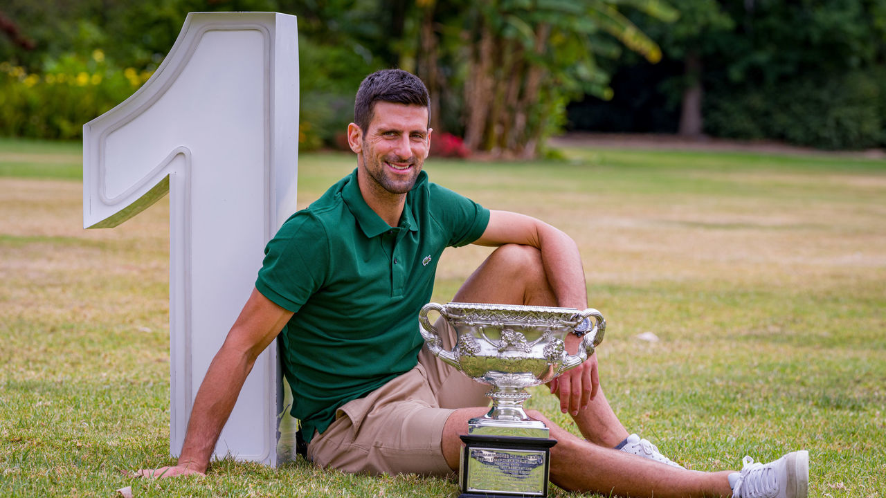 MELBOURNE, AUSTRALIA - JANUARY 30: Novak Djokovic of Serbia poses with the Norman Brookes Challenge Cup at the Government House after winning the 2023 Australian Open, on January 30, 2023 in Melbourne, Australia.