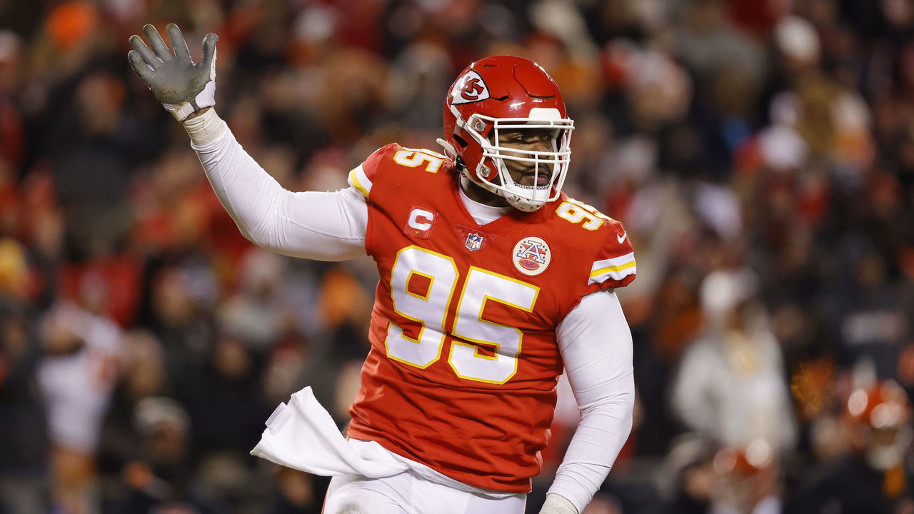 KANSAS CITY, MISSOURI - JANUARY 29: Chris Jones #95 of the Kansas City Chiefs reacts after sacking Joe Burrow #9 of the Cincinnati Bengals during the fourth quarter in the AFC Championship Game at GEHA Field at Arrowhead Stadium on January 29, 2023 in Kansas City, Missouri.