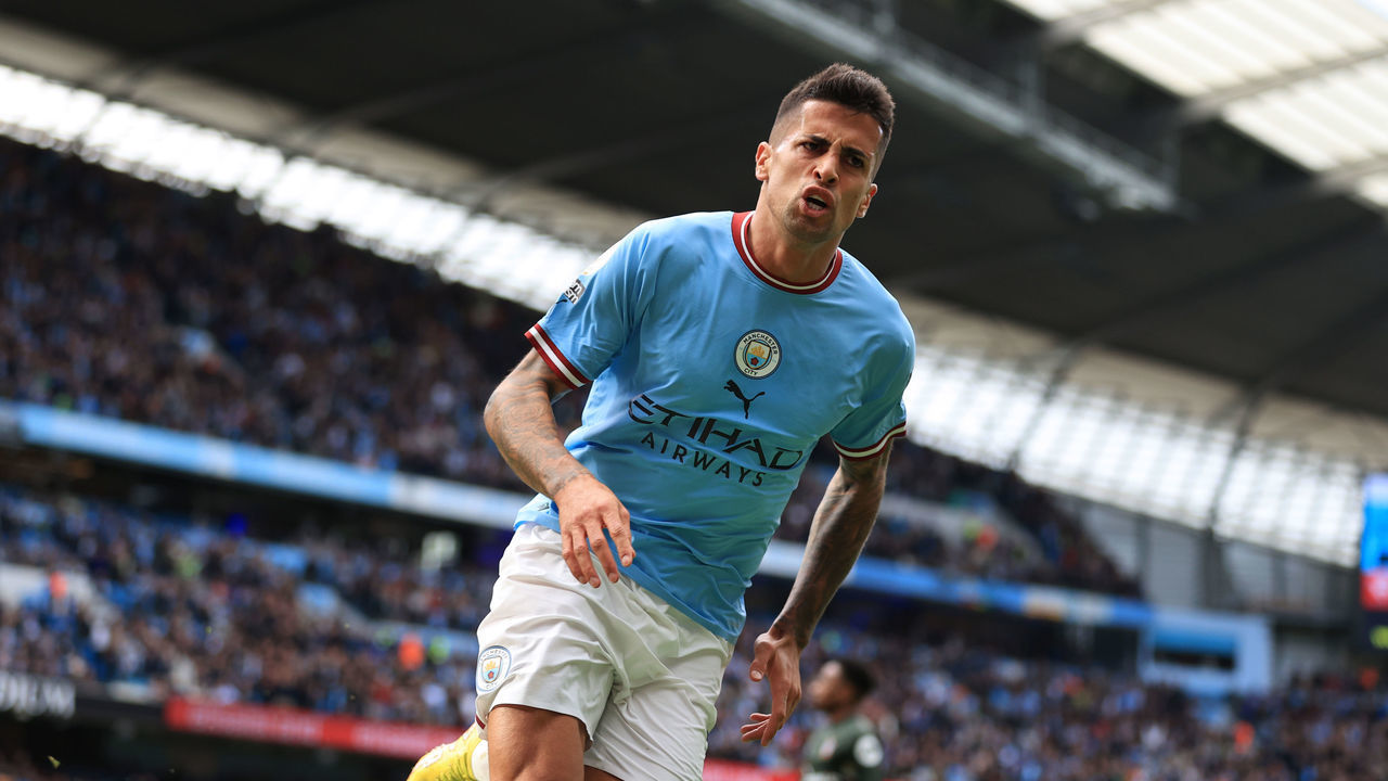 MANCHESTER, ENGLAND - OCTOBER 08: Joao Cancelo of Manchester City celebrates after scoring their 1st goal during the Premier League match between Manchester City and Southampton FC at Etihad Stadium on October 8, 2022 in Manchester, United Kingdom.