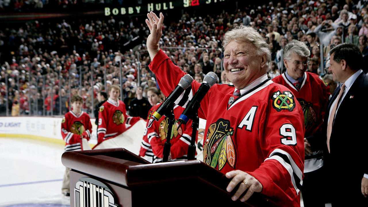 CHICAGO, IL - MARCH 7: Former player Bobby Hull of the Chicago Blackhawks speaks duringa pre-game ceremony in honor of him before the Black Hawks take on the San Jose Sharks on March 7, 2008 at the United Center in Chicago, Illinois.