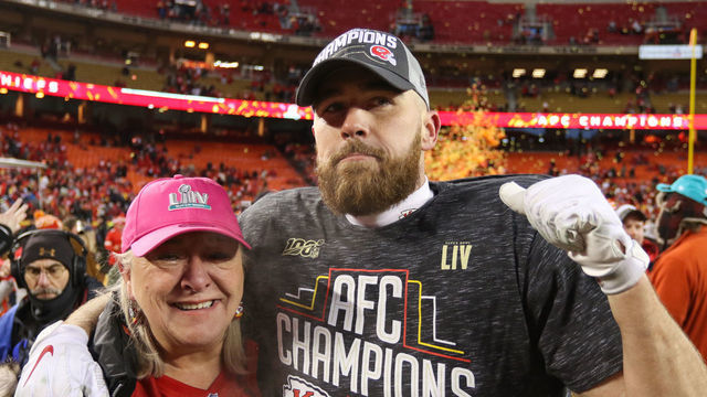 KANSAS CITY, MO - JANUARY 19: Kansas City Chiefs tight end Travis Kelce (87) and his mother Donna fight back tears of joys after the AFC Championship game between the Tennessee Titans and Kansas City Chiefs on January 19, 2020 at Arrowhead Stadium in Kansas City, MO.