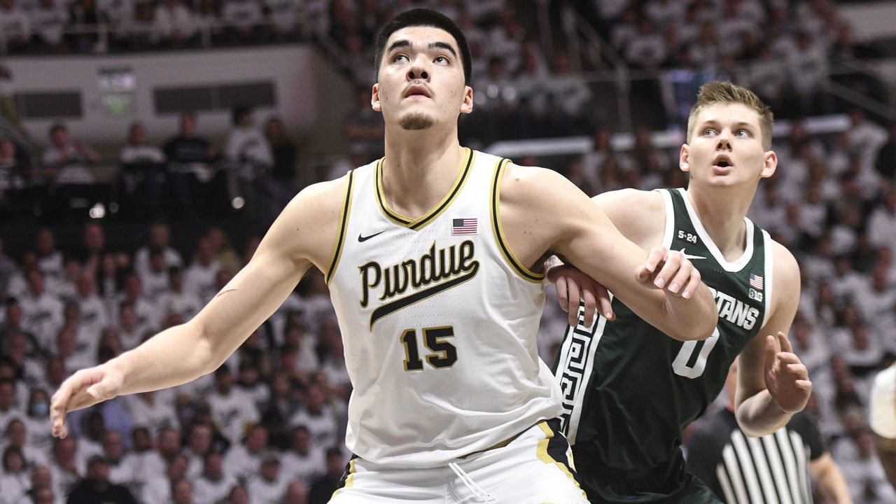 WEST LAFAYETTE, IN - JANUARY 29: Purdue Boilermakers Center Zach Edey (15) and Michigan State Spartans forward Jaxon Kohler (0) vie for a rebound during the college basketball game between the Michigan State Spartans and the Purdue Boilermakers on January 29, 2023, at Mackey Arena in West Lafayette, Indiana.