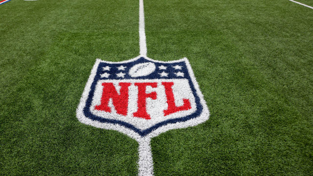 ORCHARD PARK, NY - JANUARY 08: A detailed view of the NFL logo on the field before a game between the Buffalo Bills and the New England Patriots at Highmark Stadium on January 8, 2023 in Orchard Park, New York.